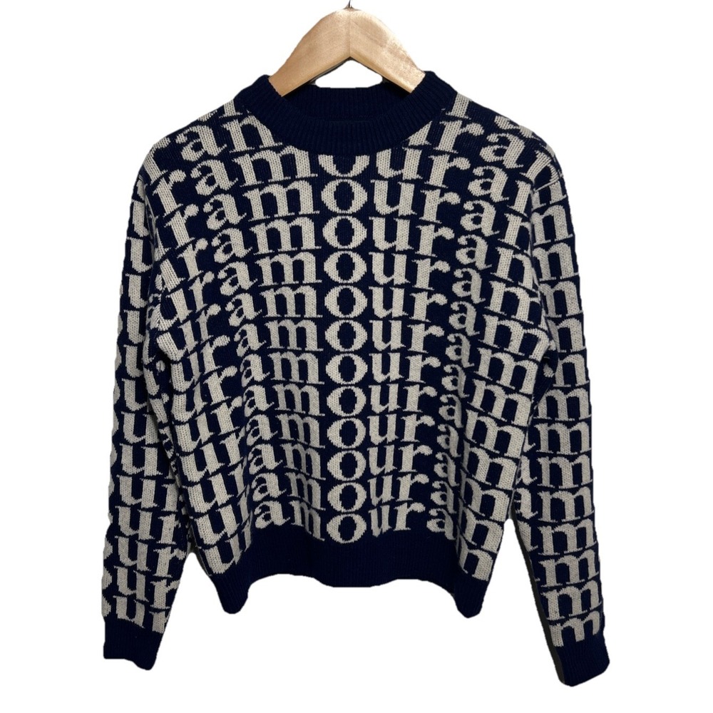 Soeur Paris Amour Logo Jacquard Knit Sweater Navy Cream Size 3